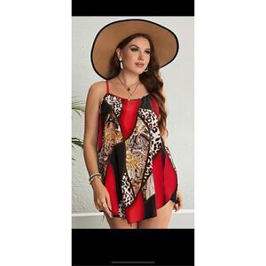 Red color block, animal print sleeveless top.
